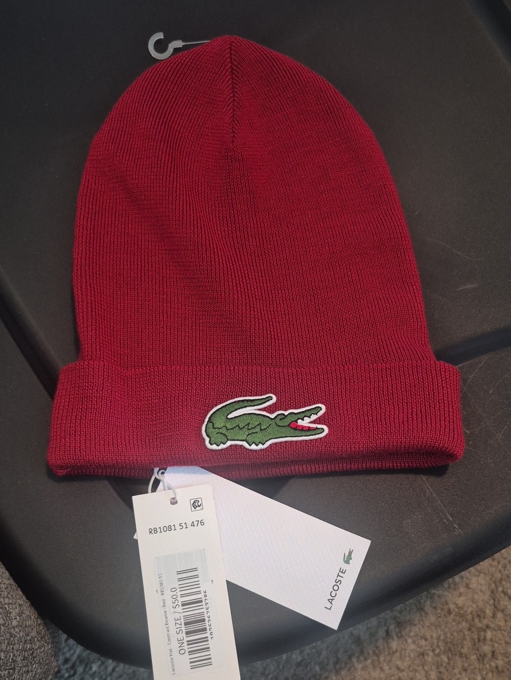 Lacoste Burgundy Fold-Over Beanie with Crocodile Patch